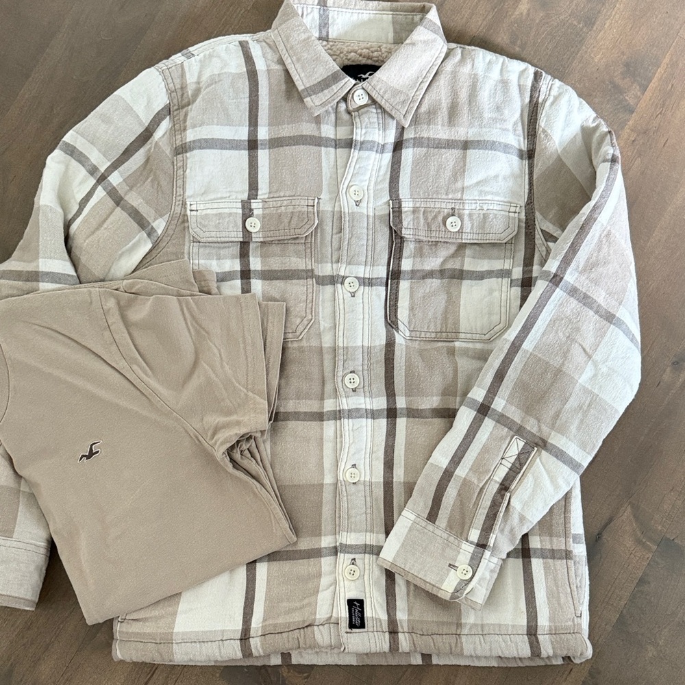 Hollister Beige & Cream Plaid Lightweight Shirt Jacket